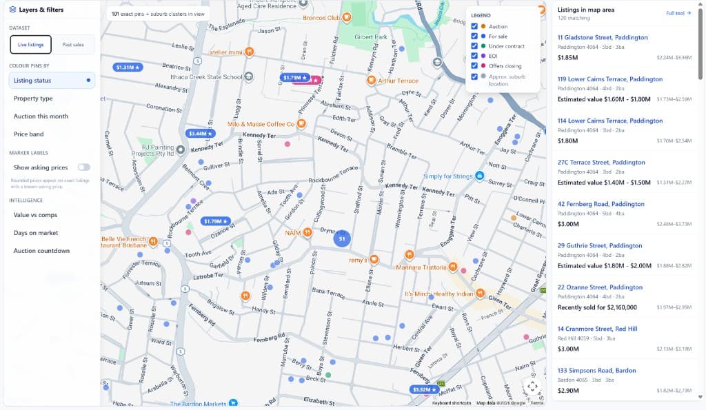 Propertylens Australia map showing live listings with asking price labels and estimated value ranges