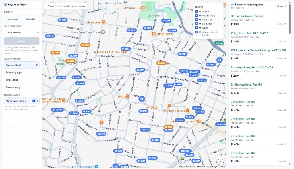 Propertylens Australia map showing past sales with sold price labels filtered by timeframe